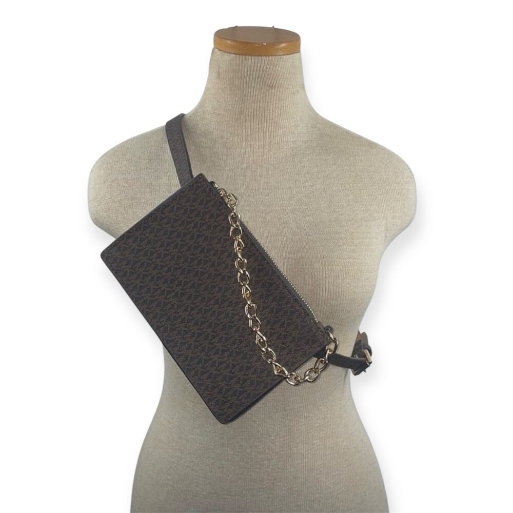NEW Michael Kors MK Hip Fanny Pack Adjustable Belt Bag Gold Pull Chain Monogram